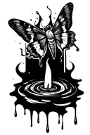 Tattoo concept in abstract sketch tattoo style by black pen. Abstract moth flying towards the flame of a dripping candle tattoo design idea