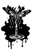 Tattoo concept in abstract sketch tattoo style by black pen. Abstract moth flying towards the flame of a dripping candle tattoo design idea