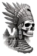 Aztec skull and temple surrounded tattoo design idea