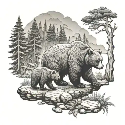 A family of bears hiking through a coffee bean forest tattoo design idea