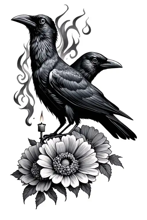 steampunk crow marigolds and dark burning candle burning tattoo design idea