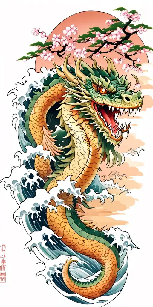 A fierce dragon emerging from the ocean waves with cherry blossom trees in the background tattoo design idea