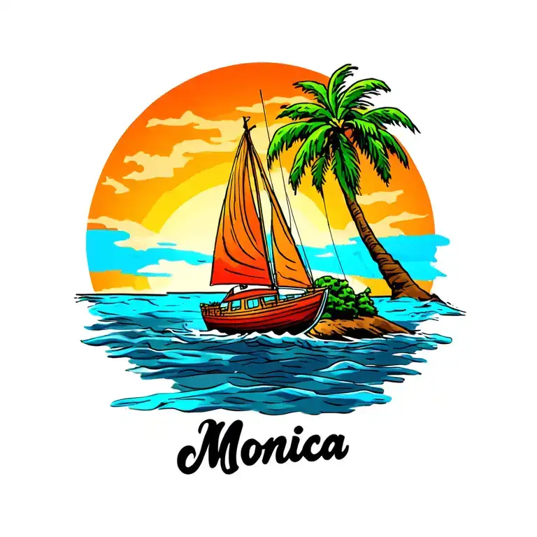 catamaran sailing from sunrise background, small island with plam vibrant colors "Monica" at the bottom in design  tattoo design idea