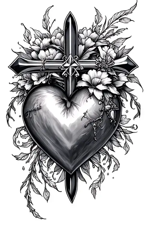 chrome heart cross with Sabrina in it tattoo design idea
