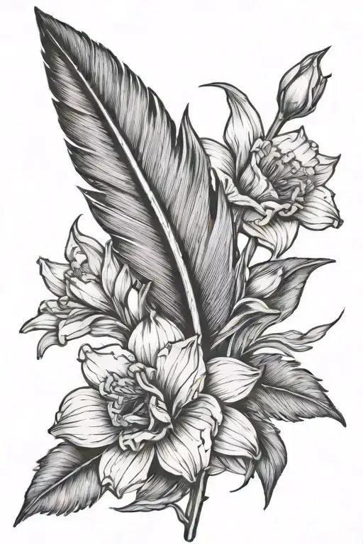 a feather whose left side is normal and the right side of the feather has daffodil instead of individual hairs tattoo design idea