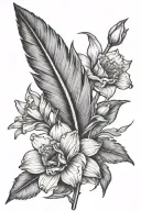 a feather whose left side is normal and the right side of the feather has daffodil instead of individual hairs tattoo design idea