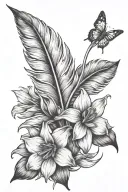 a feather whose left side is normal and the right side of the feather has daffodil instead of individual hairs tattoo design idea