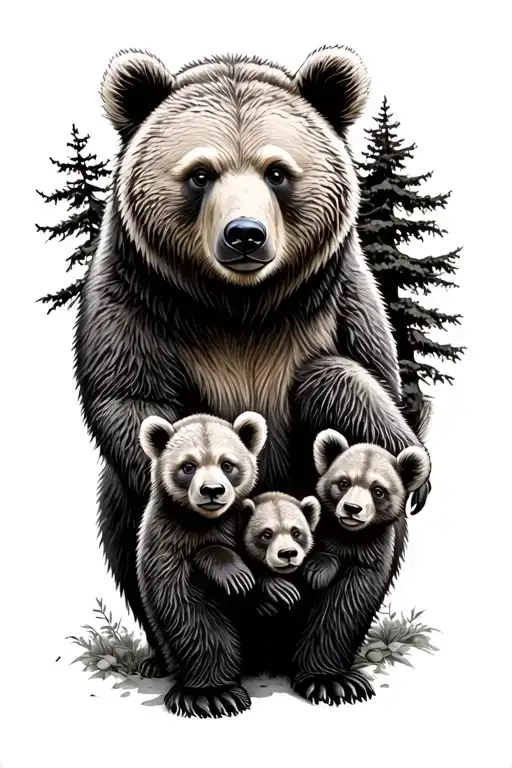 daddy bear with 2 cubs some tree siloetts tattoo design idea