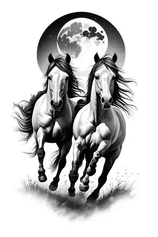 black and white tattoo, realialism . .Two horses running with a crescent moon in the background  tattoo design idea