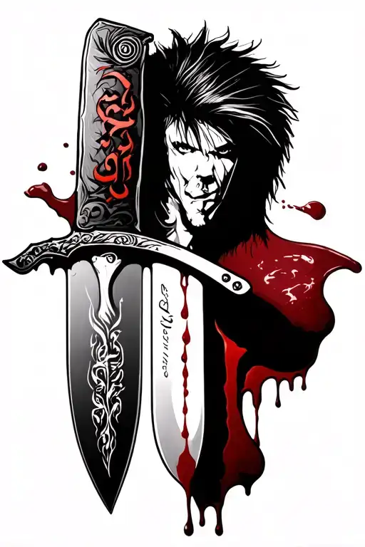 Bowie knife with a decorated blade with the words Lo tirṣaḥ going down the blade with blood on the knife and dripping tattoo design idea