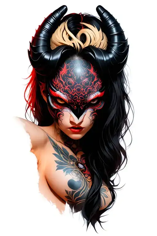 Sexy beautiful girl, petite, big boobs, wide hips, long hair,sexual. Seductive. half Body, cyberpunk oni mask bottom tattoo design idea