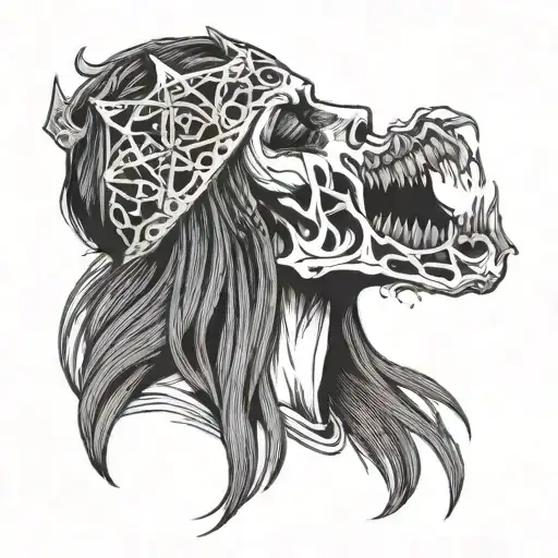 A black metal singer face with long hair, 45 degree side with a little church burning on his head IN BLACK AND WHITE tattoo design idea