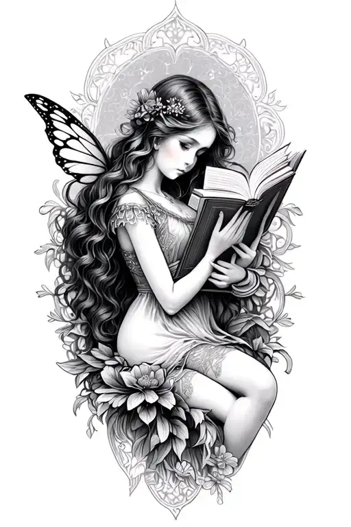 books, fairy reading tattoo design idea