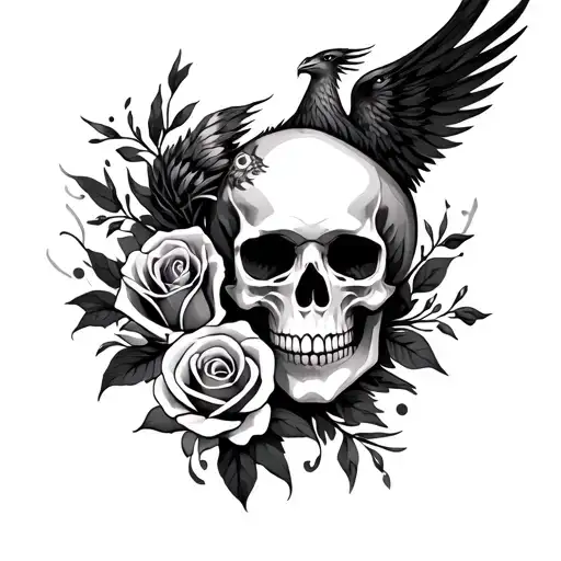 female tattoo of Phoenix Rose and skull tattoo design idea