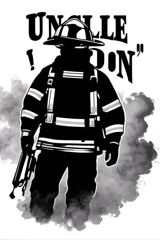 "Uncle Don" Black and grey silhouette of firefighter, set in smoky background. minimal detail overall  tattoo design idea