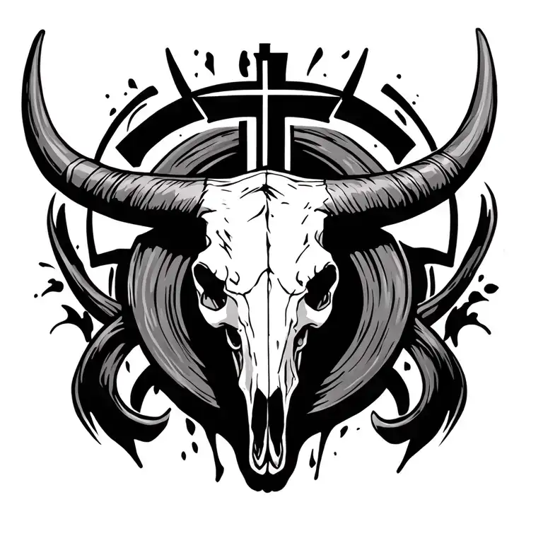 longhorn bull skull with cross behind it tattoo design idea