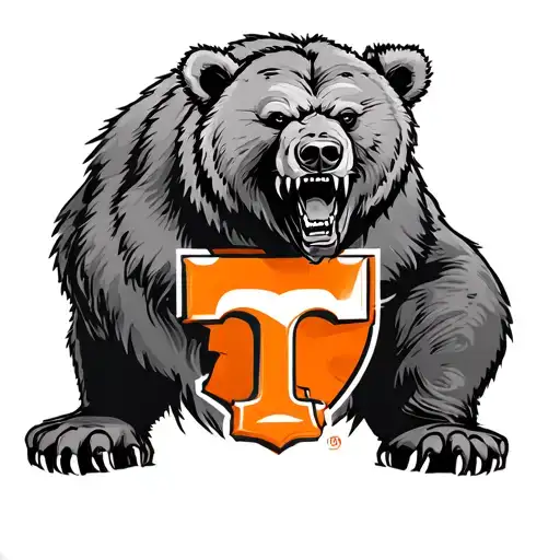 A black and grey tattoo of a roaring bear with the Tennessee Vols logo on its chest, representing the client's fierce dedication to their favorite team tattoo design idea
