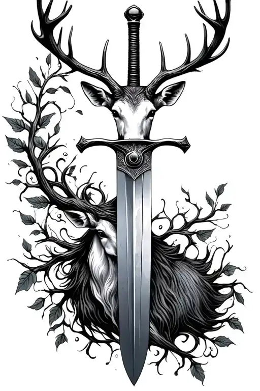 long sword wrapped masculine deer head handle small leaves running vines tattoo design idea