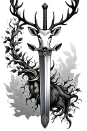 long sword wrapped masculine deer head handle small leaves running vines tattoo design idea