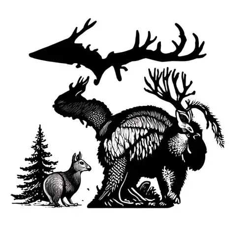 state of Michigan outline, with Deer, Turkey, Squirrel, and black bear tattoo design idea