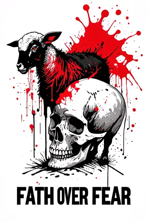 "FAITH OVER FEAR" text in Blacklisted Font, above a Christian religious lamb, stomping on a skull. tattoo design idea