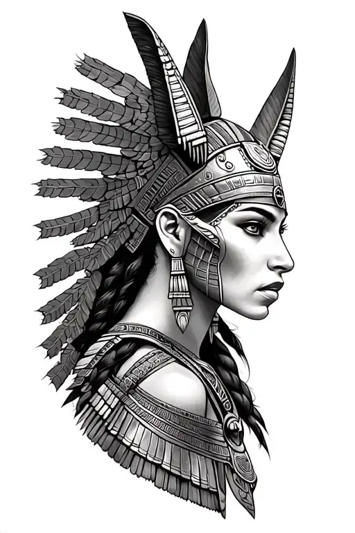 Aztec Warrior Girl With Technology With Egyptian God Anubis, Inka Symbolism, All Seing Eye tattoo design idea