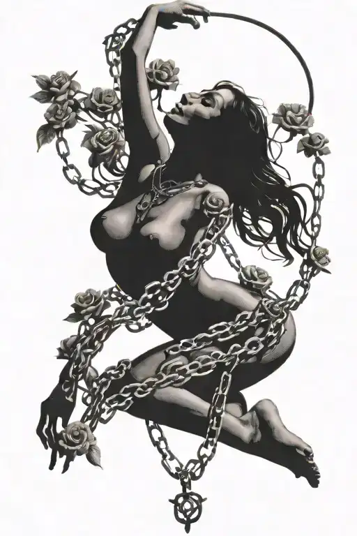 Silhouette of a naked girl, roots growing out of chains, roses tattoo design idea