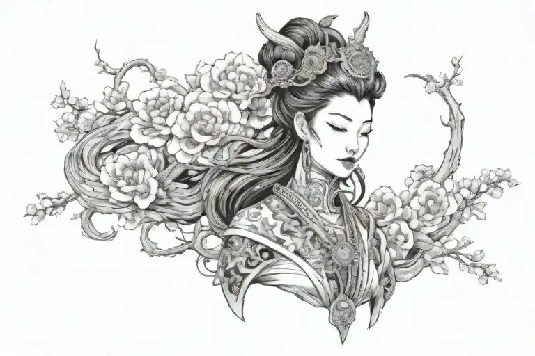 geosha with hel goddess bust statue tattoo design idea