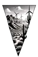 3 sperate triangles put images of desert mountains with many windmills on the mountains and cactus tattoo design idea