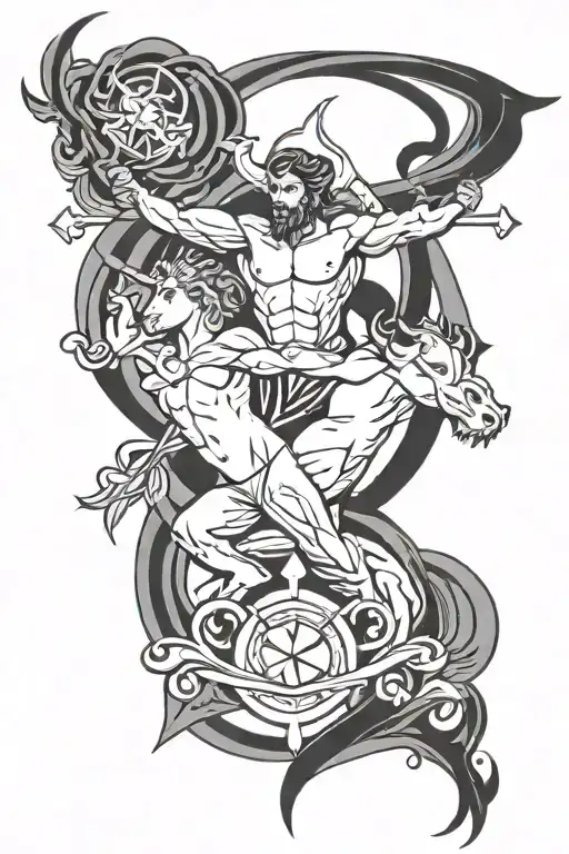 Sagittarius sign, Aries sign intertwined, father mother and son  tattoo design idea