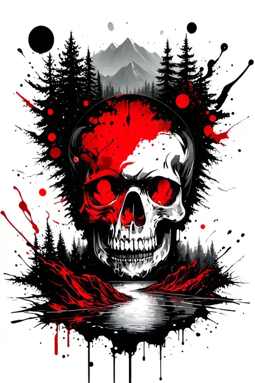 stream, forest, mountains tattoo design idea