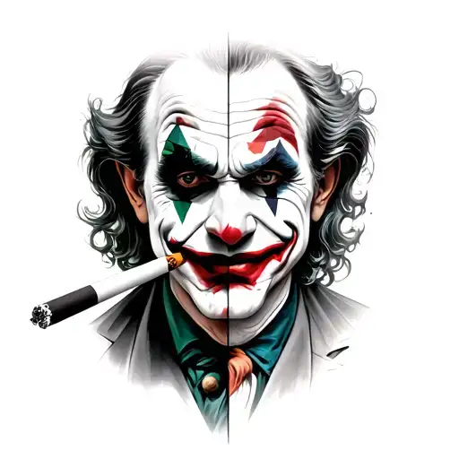 In a diamond half of the joker's face with a black and white cigarette and the other clown half in color tattoo design idea
