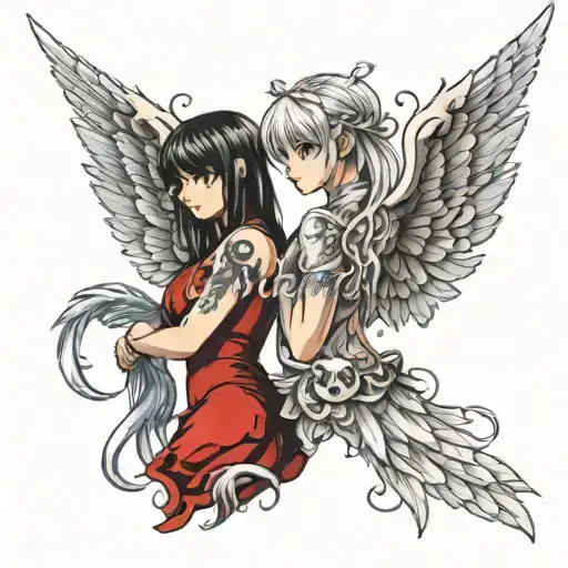 ANGEL AND DEMON WINGS AND ANOTHER OF A BEAUTIFUL WOMAN tattoo design idea
