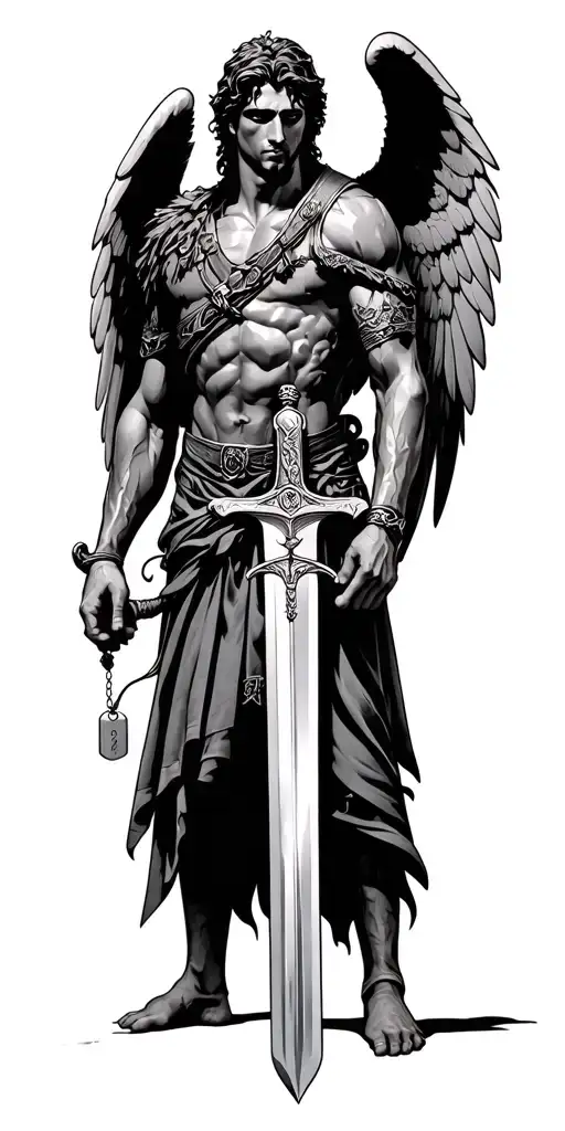 create a tattoo of archangel Michael. Holding a sword in one hand and dog tags in the other. his face should not be seen tattoo design idea