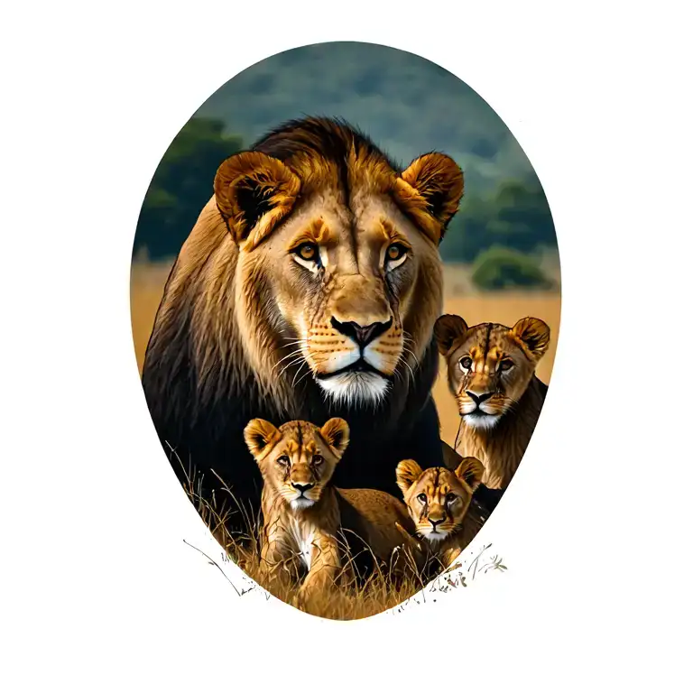 Lioness protecting her 3 cubs playing in a field tattoo design idea