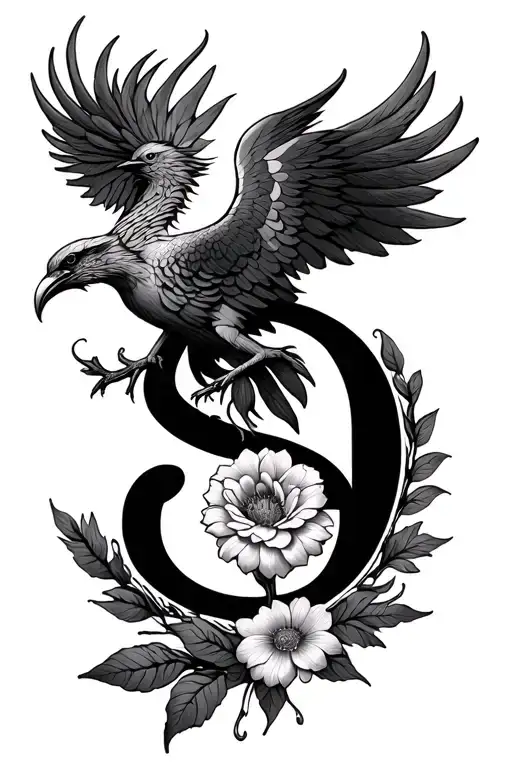 Flower, phoenix, wreath, labyrinth, letter S, letter D tattoo design idea