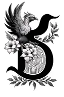 Flower, phoenix, wreath, labyrinth, letter S, letter D tattoo design idea