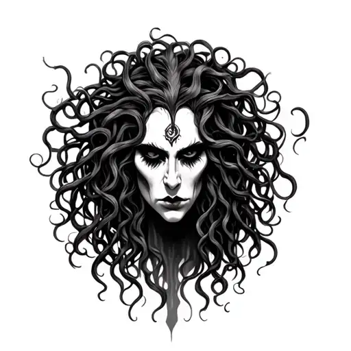 medusa combined with babadook with african facial features tattoo design idea