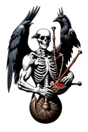 winged muscular skeleton playing bagpipes crows tattoo design idea