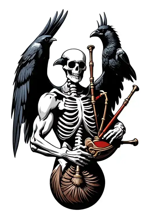 winged muscular skeleton playing bagpipes crows tattoo design idea