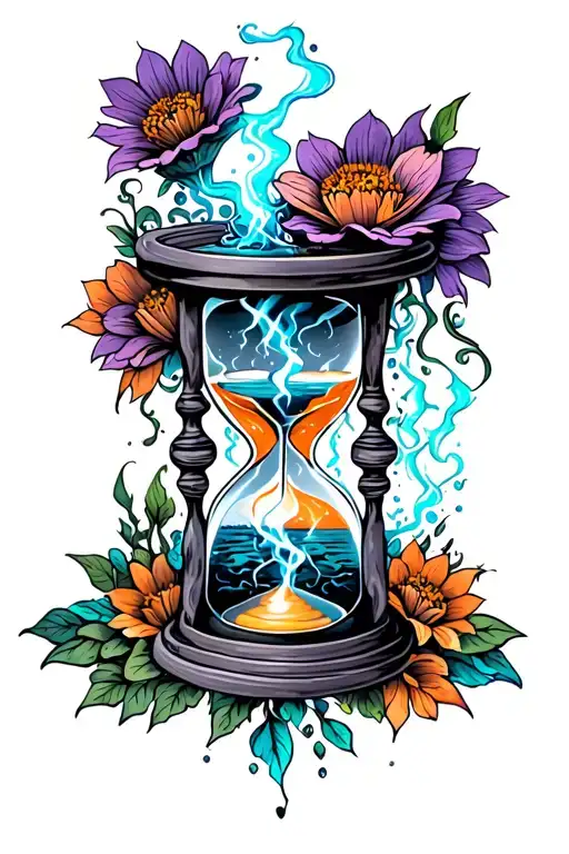 hourglass lightening storm inside on top and flowers growing inside on the bottom purple orange and turquoise  tattoo design idea