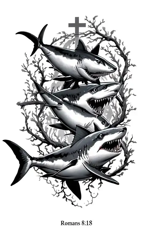 three evil sharks swimming, with vines wrapping around, also encorporate a cross with 'Romans 8:18' tattoo design idea