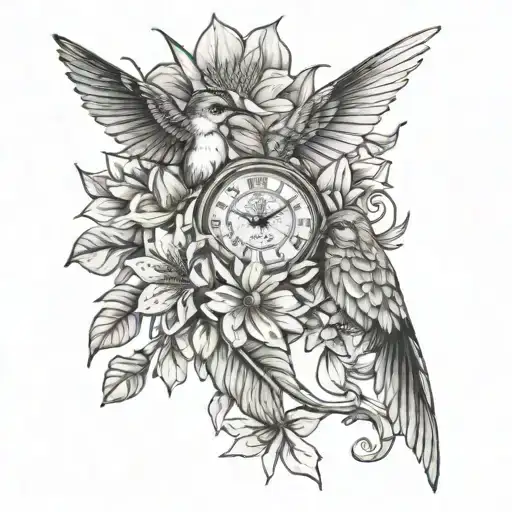 create a tattoo full sleeve for a girl with an ace card a clock hummingbirds sunflower white jasmine flower rhododendron tattoo design idea