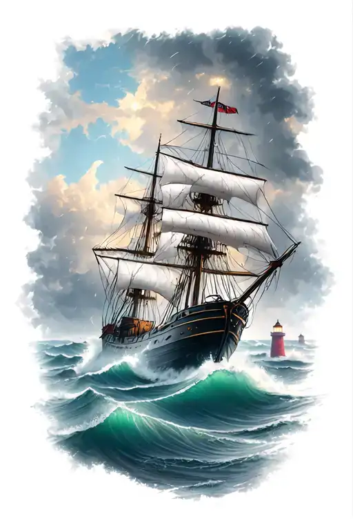 ship sailing through stormy waters near lighthouse  tattoo design idea
