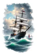 ship sailing through stormy waters near lighthouse  tattoo design idea