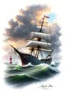 ship sailing through stormy waters near lighthouse  tattoo design idea
