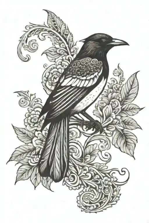 magpie and paisley pattern tattoo design idea
