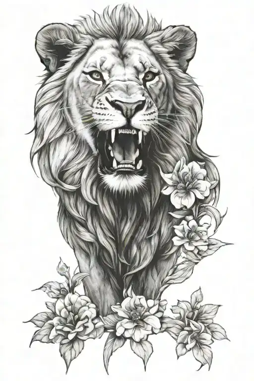 roaring lion, wild flower, broken heart tattoo design idea