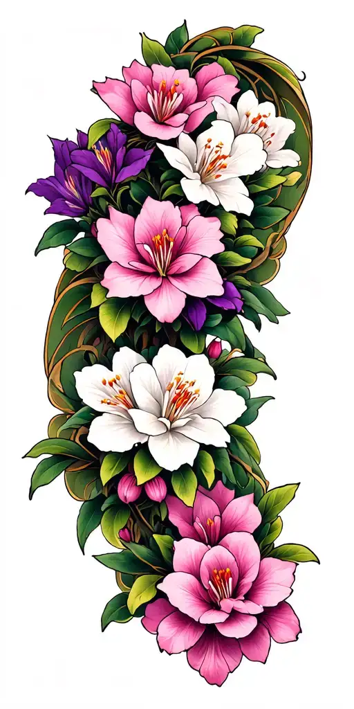 pink, white, purple azalea flowers blooming on long winding vines tattoo design idea