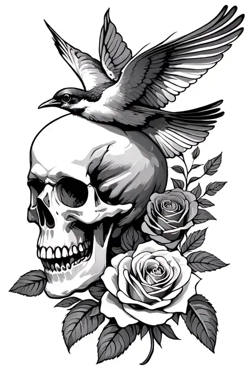 skull roses swallow bird tattoo design idea
